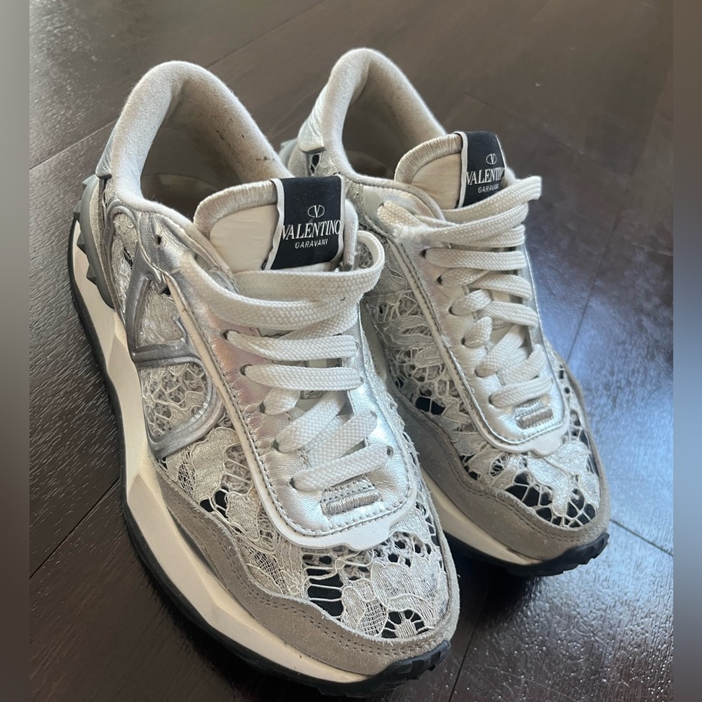 Valentino Women's Lace Runner Sneaker  - White and Black & Grey. Size 5.5